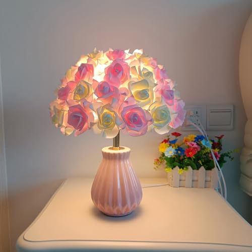 Mengjay Kreative Blumen Schreibtischlampe,E27 Nachttischlampe mit Rosenlichtschirm,Tischlampe aus Keramik Leselampe,Nachtlicht,Vintage Tischleuchte für Schlafzimmer Wohnzimmer Büro (Rosa-Weiß) von Mengjay