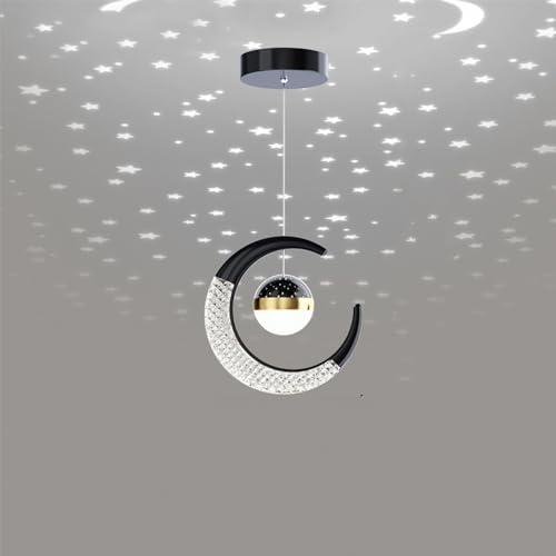 Mengjay LED Pendelleuchte,Moderne Kreative Hängelampe mit Mond- und Sternprojektion Kinderlampe,Deckenleuchte LED-Lampe Pendellampe für Wohnzimmer, Esszimmer, Schlafzimmer (Schwarz, Kühles Licht) von Mengjay