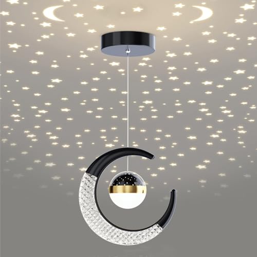 Mengjay LED Pendelleuchte,Moderne Kreative Hängelampe mit Mond- und Sternprojektion Kinderlampe,Deckenleuchte LED-Lampe Pendellampe für Wohnzimmer, Esszimmer, Schlafzimmer (Schwarz, Warmes Licht) von Mengjay