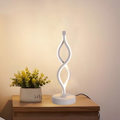Mengjay LED Spiral Tischlampe,Moderne Nachttischlampe mit 3 Farbtemperatur,Metall Dekoration Tischleuchte,Augenschutz Schreibtischlampe Leselampe für Kinderzimmer Schlafzimmer Wohnzimmer (Weiß) von Mengjay