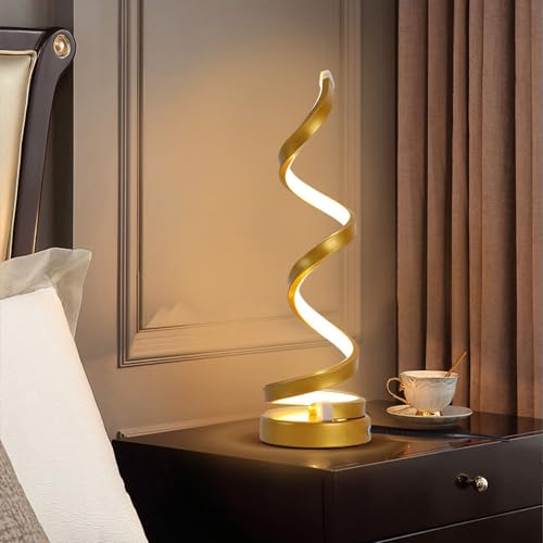 Mengjay LED Spiral Tischlampe,Nachttischlampe mit 3 Farbtemperatur,Gebogene LED-Tischlampe Augenschutz Schreibtischlampe,Modern Nachttischlampe Nachtlicht für Kinder Schlafzimmer Wohnzimmer (Gold) von Mengjay