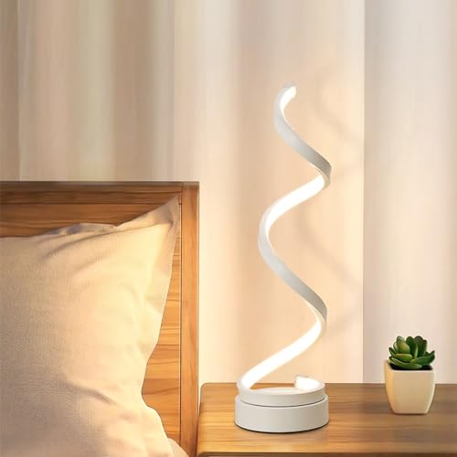 Mengjay LED Spiral Tischlampe,Nachttischlampe mit 3 Farbtemperatur,Gebogene LED-Tischlampe Augenschutz Schreibtischlampe,Modern Nachttischlampe Nachtlicht für Kinder Schlafzimmer Wohnzimmer (Weiß) von Mengjay