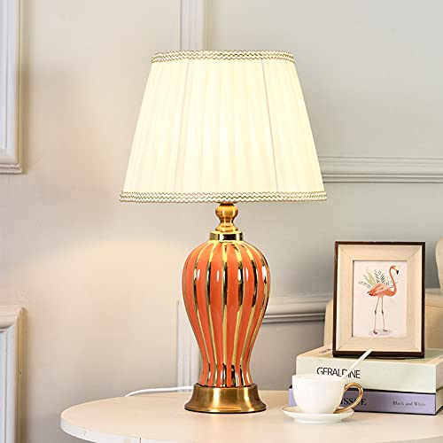 Mengjay Moderne Nachttischlampe Keramik Tischlampe Wohnzimmer Tischleuchte,mit Weißem Lampenschirm aus Stoff，E27 Fassung，Dekorative Lampe im klassischen Design (Red) von Mengjay