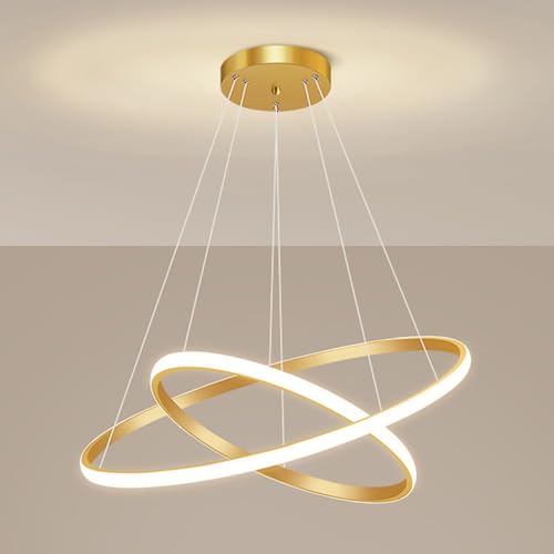 Mengjay Moderner 38W LED Kronleuchter, Kreativer 2 Ring Hängelampe Mit Höhenverstellbare Pendelleuchte, Dimmbar 3000K/4500K/6000K, Wohnzimmer Leuchter, Schlafzimmer, Esszimmer Pendelleuchte (Gold) von Mengjay