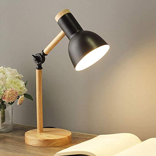 Mengjay Nordic Modern Creative Tischlampe Schlafzimmer Nachttischlampe Kinder Büro Augenschutz Lesetischlampe Verstellbare Schreibtischlampe E27 Holz Metall Nachtlampe (Black) von Mengjay