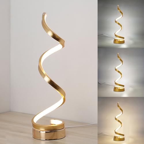 Mengjay Spiral LED Tischlampe Modern Nachttischlampe,Led Tischlampe Augenschutz Schreibtischlampe,Tischleuchte mit 3 Farbtemperatur, Nachtlicht für Büro,Schlafzimmer, Wohnzimmer (Gold) von Mengjay