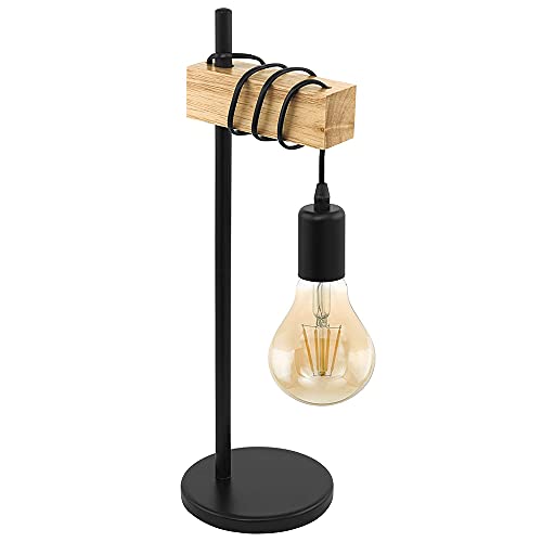 Mengjay Tischlampe, Vintage Tischleuchte im Industrial Design, Retro Lampe, Nachttischlampe aus Stahl und Holz, Farbe: schwarz, Fassung: E27, inkl. Schalter von Mengjay