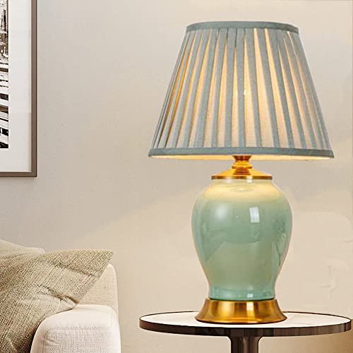 Mengjay Tischlampe Keramik, Vintage Nachttischlampe Lampenschirm aus Leinen Schreibtischlampe, Schlafzimmer/Wohnzimmer/Arbeitszimmer/Esszimmer (Grün) von Mengjay