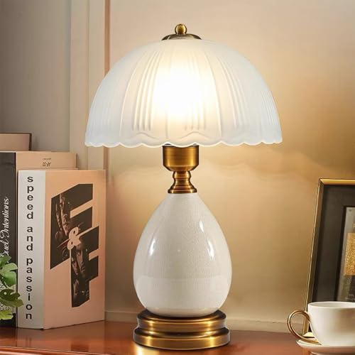 Mengjay Tischlampe Retro Keramik,E27 Nachttischlampe Lampenschirm aus Glas,Nachttisch Lichtdekoration Schreibtischleuchten,für Schlafzimmer Wohnzimmer Büro Deko (Weiß) von Mengjay