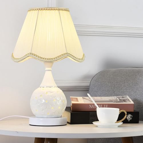 Mengjay Tischlampe Retro Keramik,E27 Tischleuchte Deko Wohnzimmer,Vintage Nachttischlampe mit Stoff Lampenschirm,Schreibtischlampe Schlafzimmer Kinderzimmer Büro Deko (Beige) von Mengjay