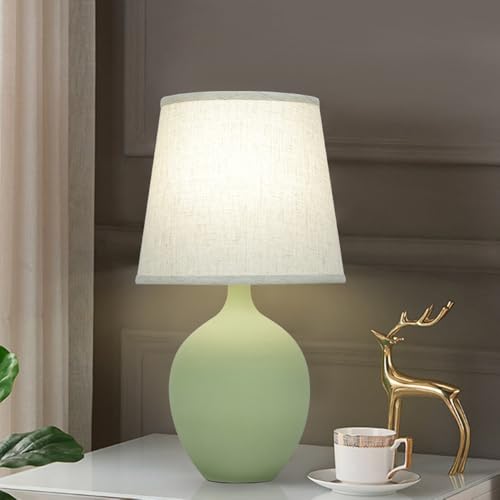 Mengjay Tischlampe Vintage,Keramik Tischleuchte,Wohnzimmer Moderne E27 Tischleuchte mit Stoffschirm,Leselicht,Schlafzimmer Nachtlicht,Retro Nachttischlampe Deko für Kinderzimmer Schlafzimmer (Grün) von Mengjay