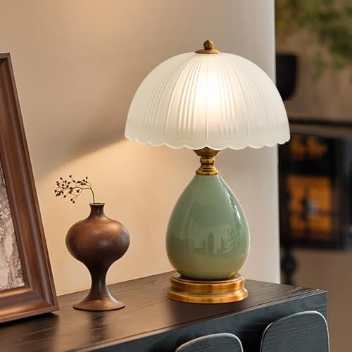 Mengjay Tischlampe aus Keramik,Vintage Nachttischlampe mit Acryl-Lampenschirm,E27 Fassung,Tischleuchte Deko Wohnzimmer,Schreibtischlampe Moderne Nachtlicht für Schlafzimmer (Grün) von Mengjay