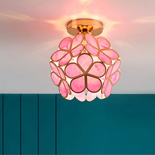 Mengjay Vintage Deckenlampe aus Metall E27，Blütenblattform Glas Lampenschirm Semi-Flush-Mount Deckenleuchte,Wohnzimmer Schlafzimmer Pendelleuchte Retro Hängeleuchte (Pink) von Mengjay