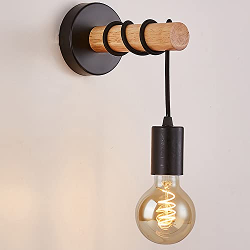 Mengjay Vintage Holzwandwand, industrielle Retrowand, hängende Wandlampe mit runder Metallbasis, schwarze Wandbeleuchtung E27 für Raum, Wohnzimmer, Korridor (Black) von Mengjay