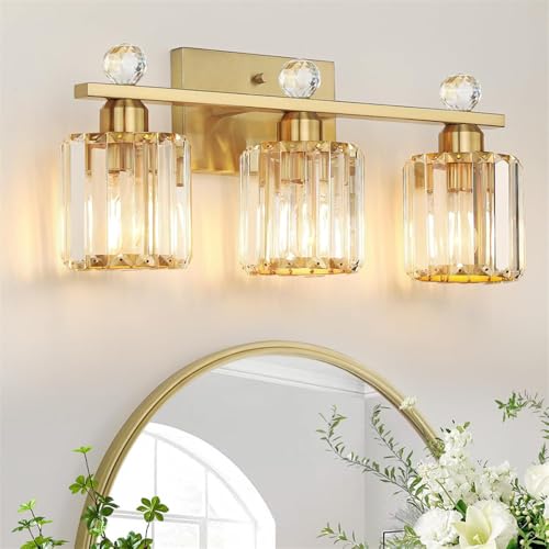 Mengjay Vintage Kristall Wandleuchte Innen,Waschtisch leuchten Spiegellampe Badezimmer,3 Flammig Wandlampe Innen Modern Metall E27 Wandbeleuchtung für Schlafzimmer Wohnzimmer Flur (Gold) von Mengjay
