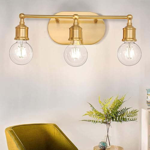 Mengjay Vintage Schwarz/Gold Spiegellampe für Das Bad, Industrial Stil E27 Bad Spiegelleuchte 3 Flamming, Retro Metall Eisen Badezimmer Wandlampe, 42CM Badlampe Wand (Gold) von Mengjay