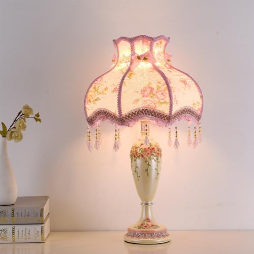 Mengjay Vintage Tischlampe mit Blumenmuster,Nachttischlampe,Deko Wohnzimmer E27 Tischlampe Vintage Schlafzimmer Stoff Lampenschirm, Schreibtischlampe Nordischer Stil Art Nachtlampe von Mengjay
