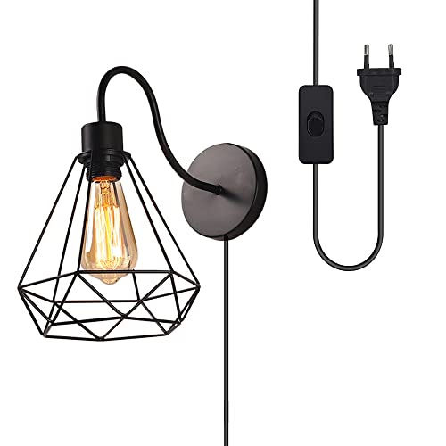 Mengjay Vintage Wandleuchte Innen mit Zuleitung und Schalter Modern Wandlampe Schwarz E27 Retro Wandbeleuchtung Metall Industrielle Beleuchtung für Wohnzimmer Flur Treppenhaus von Mengjay