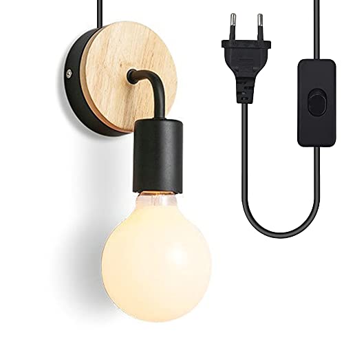 Mengjay Wandlampe Vintage Wandlampe Innen Industrial Retro mit Schalter Stecker Metall Holz Wandbeleuchtung E27 für Reppenhaus Schlafzimmer (Ohne Leuchtmittel) (Schwarz) von Mengjay