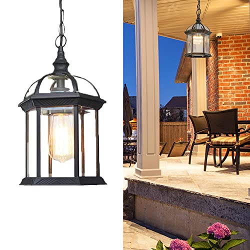 Outdoor Höhenverstellbar Pendellampe Retro Außen/Innen Hängeleuchte E27 Schwarz Wasserdichter IP23 Aluminium Glas Lampenschirm Pendelleuchte für Garten Flur Balkon Pavillon Villa Trauben Rahmen von Mengjay