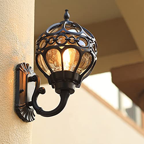 Mengjay Retro Wasserdichte Wandlampe-Antike Außenwandleuchte E27 Gartenlampe Retro Antike Wandleuchte mit Glaslampe Abdeckung Outdoor Lampe Wasserdichte Tür Balkon Villa Außenlampe (Schwarz) von Mengjay