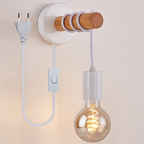 Wandleuchten mit Schalter für Schlafzimmer, Innen Schwarze Wandleuchte mit Kabel, Wandlampen mit E27 Leseleuchte für Wohnzimmer Loft Holzmontage Plug in Innendekor Beleuchtung (Weiß) von Mengjay