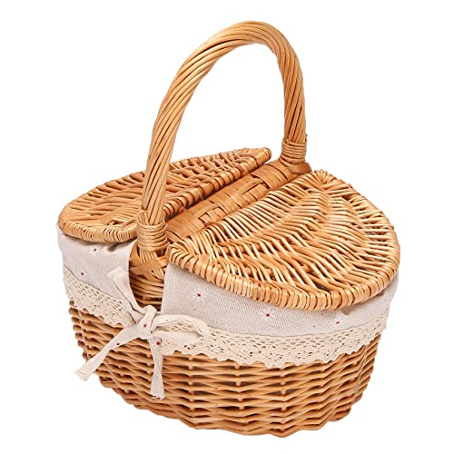 Mengmen Handgemachter Weiden Picknickkorb mit Doppel Deckel, Wicker Camping Picknickkorb mit Stoff Bezug, von Mengmen
