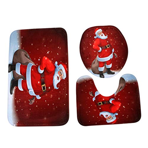 Mengmiao 3 Pcs Badematte Rutschfester Bodenmatte Weihnachten Toilette Teppich Drucken Fußmatte (Rot#2, 50 * 80cm+40 * 50cm+38 * 43cm) von Mengmiao