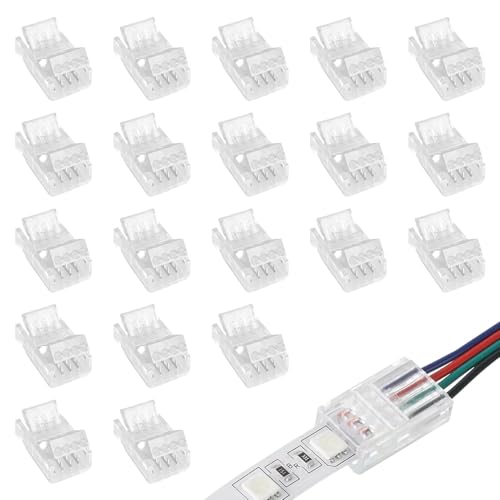 Menibeuty 20 Stück LED Verbinder 4 Polig, lötfrei Streifen Verbinders RGB LED stripe verbinder, 4Pin Verbindungskabel Verbinder für 10mm Breite LED Strip 5V 12V 24V(transparent) von Menibeuty