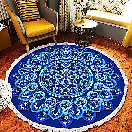 Mendala Teppich Rund Wohnzimmer Boho Bedruckte Dunkelblau Mandala Muster Runder rutschfest Abwaschbar Teppich für Schlafzimmer Balkon Flur Kinderzimmer Esszimmer 150 cm von Menkala