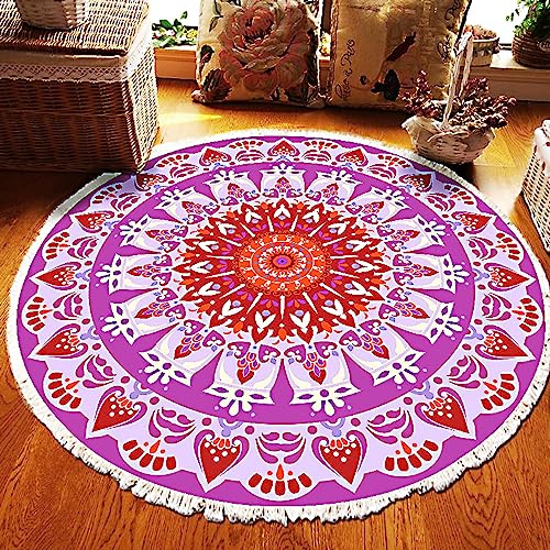 Mendala Teppich Rund Wohnzimmer Boho Bedruckte Lila Rot Mandala Muster Runder rutschfest Abwaschbar Teppich für Schlafzimmer Balkon Flur Kinderzimmer Esszimmer 150 cm von Menkala