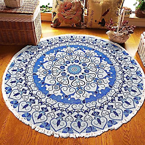 Mendala Teppich Rund Wohnzimmer Boho Bedruckte Weiß Blau Herz Mandala Muster Runder rutschfest Abwaschbar Teppich für Schlafzimmer Balkon Flur Kinderzimmer Esszimmer 150 cm von Menkala