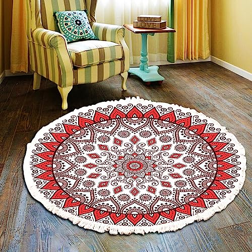 Mendala Teppich Rund Wohnzimmer Boho Bedruckte Weiß Rot Mandala Muster Runder rutschfest Abwaschbar Teppich für Schlafzimmer Balkon Flur Kinderzimmer Esszimmer 120 cm von Menkala