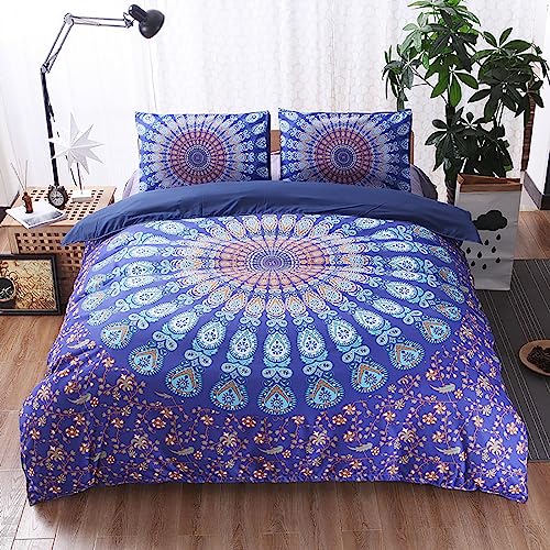 Menkala Bettwäsche 135x200 4teilig Blau Mandala Boho Style Vintage Blumen Muster Wendebettwäsche 4 Teilig Retro Bohemian Floral Motiv Microfaser Bettbezug Reißverschluss und 2 Kissenbezug 80x80 cm von Menkala