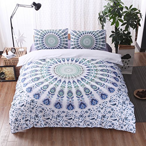 Menkala Bettwäsche 135x200 4teilig Weiß Blau Mandala Boho Style Vintage Blumen Muster Wendebettwäsche 4 Teilig Bohemian Floral Motiv 3D Microfaser Bettbezug Reißverschluss und 2 Kissenbezug 80x80 cm von Menkala