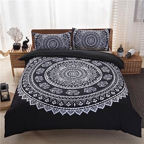 Menkala Bettwäsche 135x200 Boho Style Mandala Schwarz Weiß Vintage Elefant Muster Wendebettwäsche 2teilig Retro Indisch Bohemian Motiv 3D Microfaser Bettbezug Reißverschluss und Kissenbezug 80x80 cm von Menkala