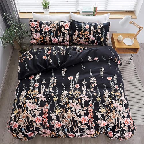 Menkala Bettwäsche 140x200 Schwarz Blumen Vintage Botanisch Muster Aesthetic Wendebettwäsche 2 Teilig Landhausstil Bunt Blumenmuster Microfaser Bettbezug und Kissenbezug 70x90 mit Reißverschluss von Menkala