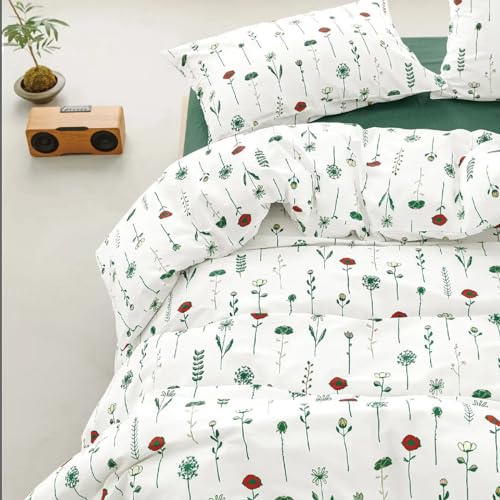 Menkala Bettwäsche 155x220 100% Baumwolle Blumen Vintage Grün Botanisch Rot Geblümt Muster Renforce Bettbezug 2 Teilig Mädchen Einzelbett Deckenbezug und Kissenbezug 80x80 cm mit Reißverschluss von Menkala