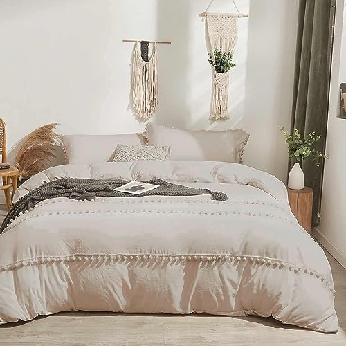 Menkala Bettwäsche 200x200 Beige Uni Boho Style mit Pompons Aesthetic Wendebettwäsche Einfarbig Bohemian Pompom Gewaschene Microfaser Bettbezug mit Reißverschluss und 2 Kissenbezug 80x80 cm von Menkala