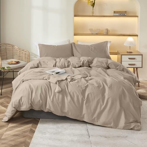 Menkala Bettwäsche 200x200 Taupe Khaki Uni Einfarbig Renforce Microfaser Bettbezug 3 Teilig Unifarben Weich Bügelfrei Doppelbett Deckenbezug und 2 Kissenbezug 80x80 cm mit Reißverschluss von Menkala