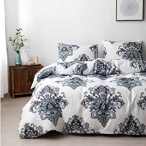 Menkala Bettwäsche 200x220 Blau Weiß Vintage Blumen Paisley Muster Wendebettwäsche Set Aesthetic Boho Botanisch Blumenmuster Microfaser Bettbezug mit Reißverschluss und 2 Kissenbezug 80x80cm von Menkala