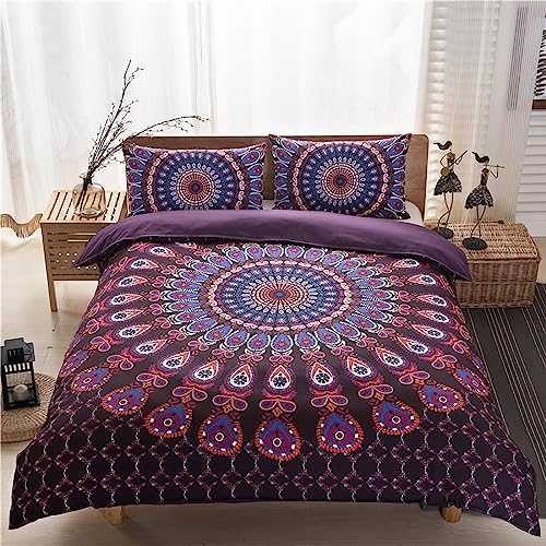 Menkala Bettwäsche 200x220 Lila Mandala Boho Style Vintage Blumen Muster Wendebettwäsche 3 Teilig Blumenmuster Retro Bohemian Motiv 3D Microfaser Bettbezug Reißverschluss und 2 Kissenbezug 80x80 cm von Menkala