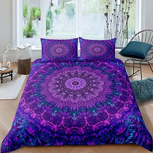 Menkala Bettwäsche 200x220 Mandala Boho Style Lila Vintage Blumen Muster Wendebettwäsche 3 Teilig Retro Bohemian Blumenmuster Microfaser Bettbezug Reißverschluss und 2 Kissenbezug 80x80 cm von Menkala