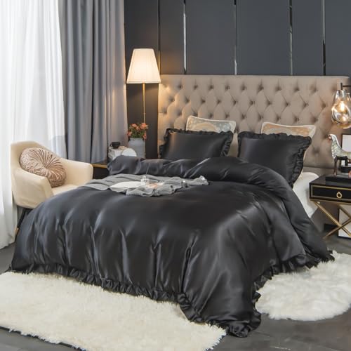 Menkala Bettwäsche Satin 135x200 4teilig Schwarz Uni mit Rüschen Glatt Luxus Seide Seidenbettwäsche Einfarbig Glänzend Glanzsatin Wende 2 Bettbezug und 2 Kissenbezug 80x80cm Reißverschluss von Menkala