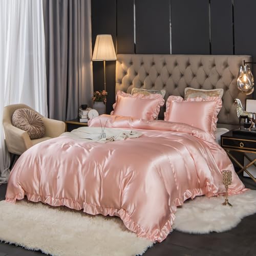 Menkala Bettwäsche Satin 200x200 Rosa Uni mit Rüschen Glatt Luxus Seide Aesthetic Seidenbettwäsche Einfarbig Glänzend Glanzsatin Wende Bettbezug und 2 Kissenbezug 80x80cm Reißverschluss von Menkala