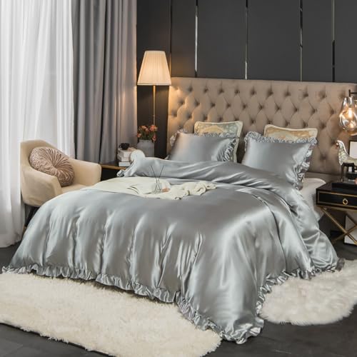 Menkala Bettwäsche Satin 200x220 Grau Uni mit Rüschen Glatt Luxus Seide Aesthetic Seidenbettwäsche Einfarbig Glänzend Glanzsatin Wende Bettbezug und 2 Kissenbezug 80x80cm Reißverschluss von Menkala