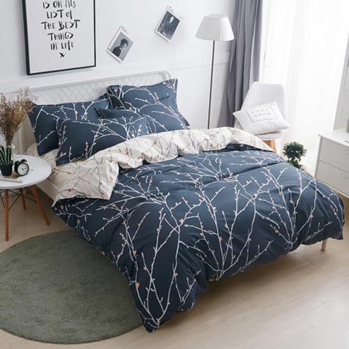 Menkala Bettwäsche Zweige 135x200 Marineblau Blumen Blätter Bettbezug Pflanzen Muster Weiche Mikrofaser Wendebettwäsche Sets 2 Teilig Reißverschluss und Kissenbezüge 80x80 für Einzelbett von Menkala