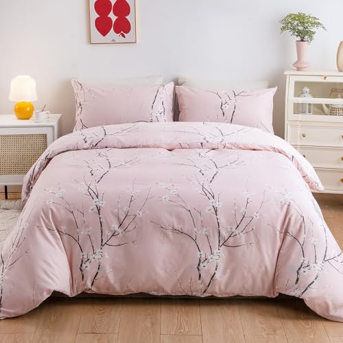 Menkala Bettwäsche Zweige Muster 135x200 Rosa Bettbezug 2 Teilig Weiche Blume Pflanzen Mikrofaser Bettwäsche Sets Reißverschluss und Kissenbezüge 80x80cm für Einzelbett von Menkala