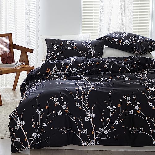 Menkala Bettwäsche Zweige Muster 155x220 Schwarz Bettbezug 2 Teilig Weiche Atmungsaktiv Blumen Pflanzen Mikrofaser Bettwäsche Sets Reißverschluss und Kissenbezüge 80x80 für Einzelbett von Menkala