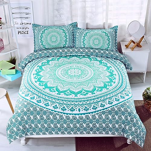 Menkala Bohemian Bettwäsche 155x220cm Grün Mandala Blumenmuster Bettbezug 2 Teilig Renforce Mircrofaser Orientalische Wendebettwäsche mit Reißverschluss Vintage Boho Deckenbezug und Kissenbezug 80x80 von Menkala